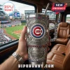 Chicago Cubs engraved stainless steel tumbler with red, white, and blue crystals and stadium view background.!