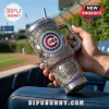 Chicago Cubs stainless steel travel tumbler with intricate 3D-effect engraving, team logo, and red and blue crystal accents.!