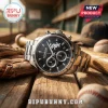 Chicago White Sox stainless steel chronograph watch with black dial and diamond markers resting on a wooden baseball bench.!