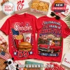 Red cotton t-shirts with Chick-fil-A 59th anniversary graphics, waffle fries, burger, classic car, and American flags.!