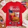 Red cotton t-shirt featuring Chick-fil-A logo, fried chicken sandwich, waffle fries, American flag, and number 59 graphic.!
