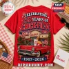 Red cotton t-shirt featuring a 59th anniversary Chick-fil-A graphic with a classic car, American flag, and fireworks.!