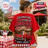 Red cotton t-shirt featuring a 59th anniversary Chick-fil-A graphic with a vintage red car and American flag.!