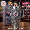 Cleveland Guardians branded Yeti tumbler with ornate silver filigree, baseball logo, and matching stadium display box.!