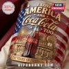 Coca-Cola 250 Years of Freedom embossed glass with patriotic US flag design, fireworks, and vintage fountain imagery.