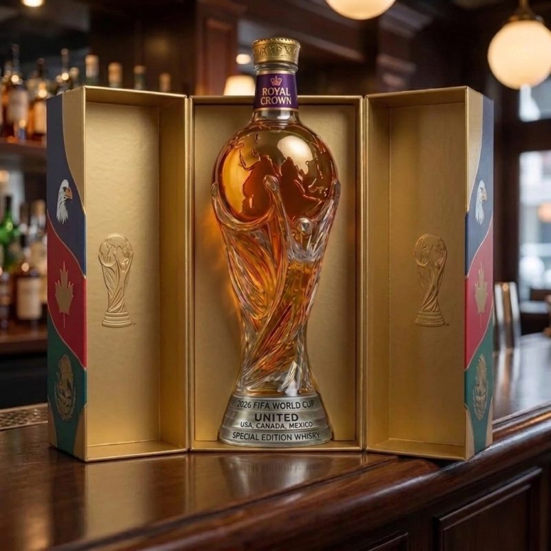 Front view of the crystal whiskey bottle with world cup trophy design inside its gold box
Image Title: Royal Crown 2026 World Cup Decanter Box