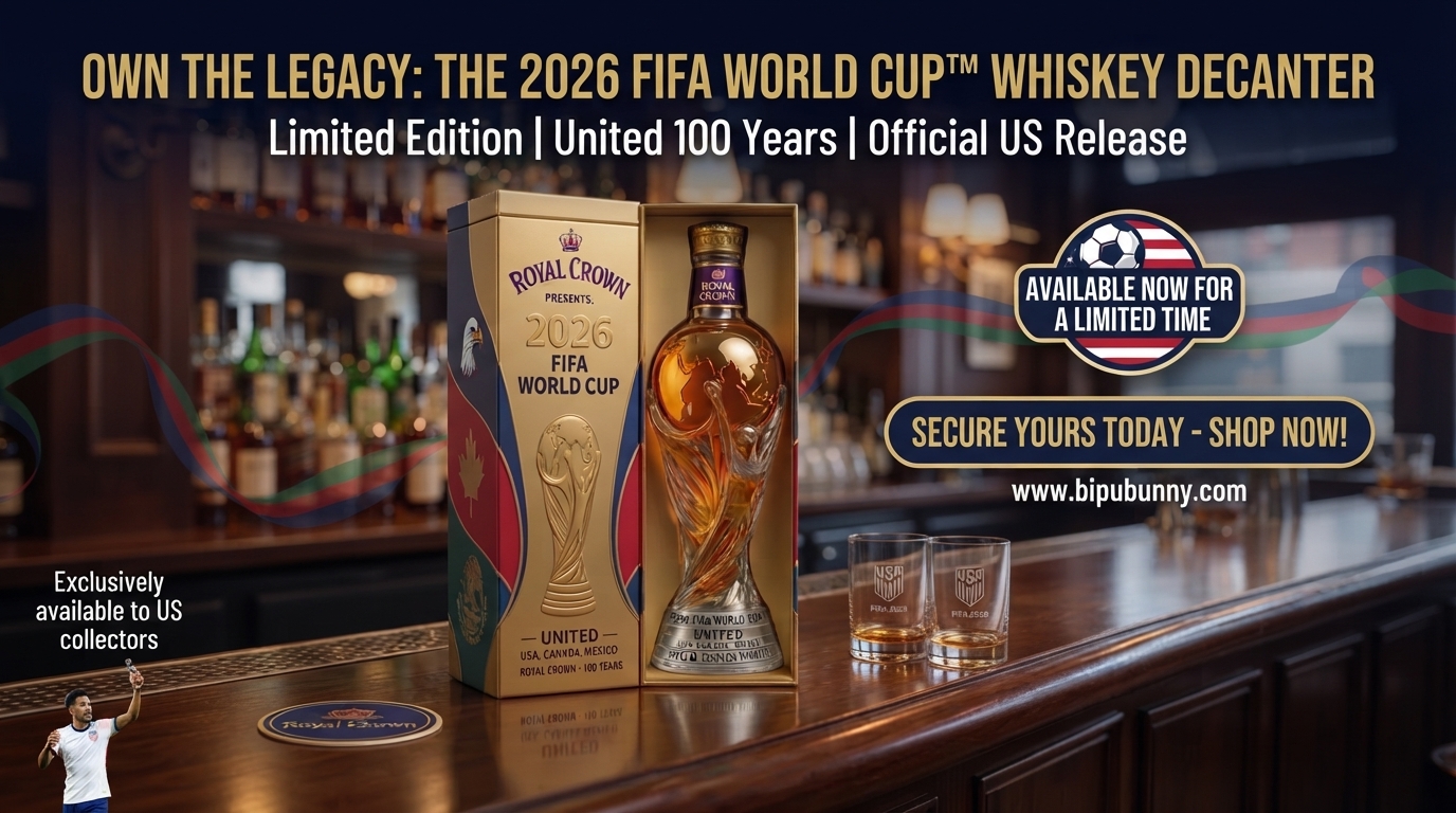 Commemorative World Cup whiskey decanter luxury set on a premium bar counter