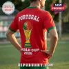 Red Portugal soccer jersey featuring a World Cup 2026 trophy graphic and white text on a person standing on a field.!