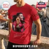 Red cotton crewneck t-shirt featuring a graphic of Cristiano Ronaldo with a World Cup trophy and CR7 branding.!