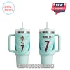 Mint green stainless steel tumbler with straw featuring Portugal soccer crest, Ronaldo name, and number 7 graphics.!