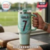 Light teal stainless steel tumbler featuring Ronaldo name, number 7, and Portuguese emblem with a clear straw and handle.!