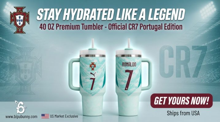 Premium Cristiano Ronaldo Portugal 40 OZ Stainless Steel Tumbler banner background featuring World Cup 2026 stadium lights and CR7 merchandise gear