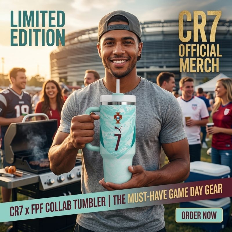Cristiano Ronaldo Portugal 40 OZ Stainless Steel Tumbler showcasing the vibrant red and green national colors with the iconic CR7 graphics on a desktop background