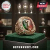Gold championship ring featuring Portugal national team, number 7, and Cristiano Ronaldo name on green velvet display base.!