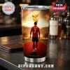 Stainless steel tumbler featuring Cristiano Ronaldo in a red jersey walking toward a glowing World Cup trophy at sunset.!