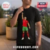 Black cotton t-shirt featuring a digital graphic of a soccer player in a Portugal jersey with the number 7 reaching up.!