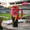 Stanley tumbler in red and black featuring Cristiano Ronaldo, number 7, Portugal crest, and a soccer ball straw topper.!