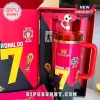 Cristiano Ronaldo Stanley tumbler with number 7, Portugal crest, World Cup trophy graphic, and soccer ball straw topper.!