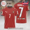 Portugal Cristiano Ronaldo soccer jersey featuring a red wavy pattern, number 7, and The Last Dance text on the back.!