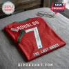 Red Portugal soccer jersey with Ronaldo name and number 7, featuring a signature and The Last Dance text on a bed.!