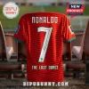 Portugal Cristiano Ronaldo red soccer jersey with number 7, autograph, and The Last Dance text on stadium seating background.!