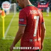Cristiano Ronaldo wearing a red and white wavy-patterned Portugal soccer jersey with number 7 and The Last Dance text.!