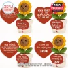 Crochet sunflower plush in a white pot holding a red heart sign with various sentimental printed messages.!