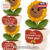 Crocheted sunflower plush in a white pot with heart-shaped message tags displaying various sentimental phrases.!