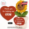 Crochet sunflower plush in white pot with red heart sign reading Thank you for helping me GROW.!