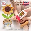 Crocheted sunflower in a smiling pot holding a sign with inspirational text on a wooden base next to retail packaging.!