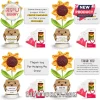 Crocheted sunflower in a tan pot with a smiling face, holding cards with messages on a wooden base with gift packaging.!