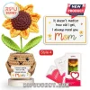 Crochet sunflower in a tan yarn pot holding a sign that reads, It doesn't matter how old I get, I always need you Mom.!