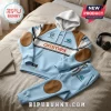 Cronulla Sharks 2026 Blue Brown Hoodie Jogger Sports Set featuring sponsor logos, elbow patches, and white hood trim.