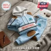 Cronulla Sharks 2026 Blue Brown Hoodie Jogger Sports Set featuring white hoodie accents and Aramex branding logos.