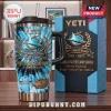 Cronulla-Sutherland Sharks 60th Anniversary 40oz Tumbler with blue tie-dye pattern, stadium graphic, and team logo on table.