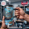 Cronulla-Sutherland Sharks 60th Anniversary 40oz Tumbler with blue tie-dye pattern, stadium graphic, and team branding.