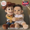 Custom Liam Woody Cowboy Shaped Plush Pillow sitting with a custom baby plushie featuring brown curly hair and white shirt.