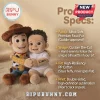 Custom Liam Woody Cowboy Shaped Plush Pillow showing a Woody doll and a custom baby plush sitting on a beige surface.
