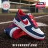 Custom Nike Air Force 1 sneakers in navy, white, and red with Atlanta Braves style logo and Your Name script on the side.!