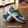 Custom Nike Air Force 1 sneakers in white, navy, and lime green with Minnesota Timberwolves logo and personalized text.!