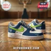 Custom blue, white, and neon green low-top leather sneakers with a wolf logo and Your Name text on a wood basketball court.!