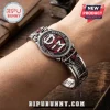 Depeche Mode Enjoy the Silence stainless steel bracelet featuring a red DM logo, rose accents, and keyboard motif.
