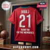 Framed red Portugal soccer jersey with number 21, DIOGO.J, and text THANK YOU FOR THE MEMORIES in a glass display case.!
