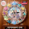 Round wall clock featuring Disney princesses, a central castle, and personalized name Sophia on a wood background.!