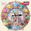 Disney princess wall clock featuring a central castle surrounded by twelve iconic characters in a gold ornate frame.!