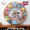 Disney Princess circular wall clock featuring a central castle illustration and twelve character frames in gold trim.!