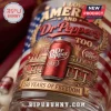 Dr Pepper 250 Years Freedom embossed whiskey glass with American flag motif and red soda can illustration on clear glass.