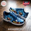 Custom blue leather sneakers featuring Dragon Ball Super Goku, blue energy auras, and Japanese kanji on a wood floor.!