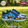 Dragon Ball Super Goku blue hair custom sneakers with blue leather uppers, white soles, and logo text on grass background.!