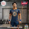 Man wearing a navy and orange Dragon Ball Z themed soccer jersey and shorts with Kamehameha and kanji character graphics.!